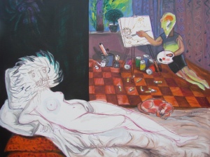 artist and model(a letter  from Titian to Cuong,2011,acrylic on canvas,120.150cm,3800usd